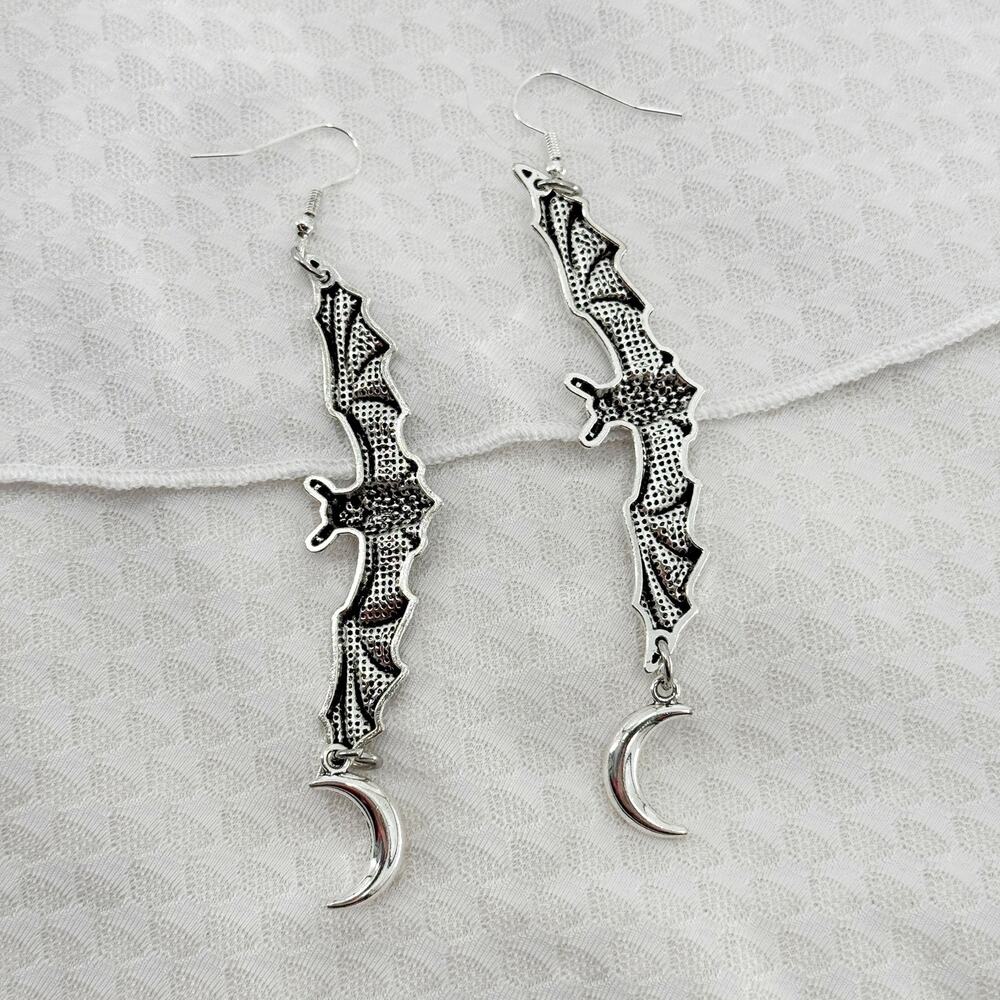 Extra Long Celestial Bat Dangle Earrings, Antique… - image 2